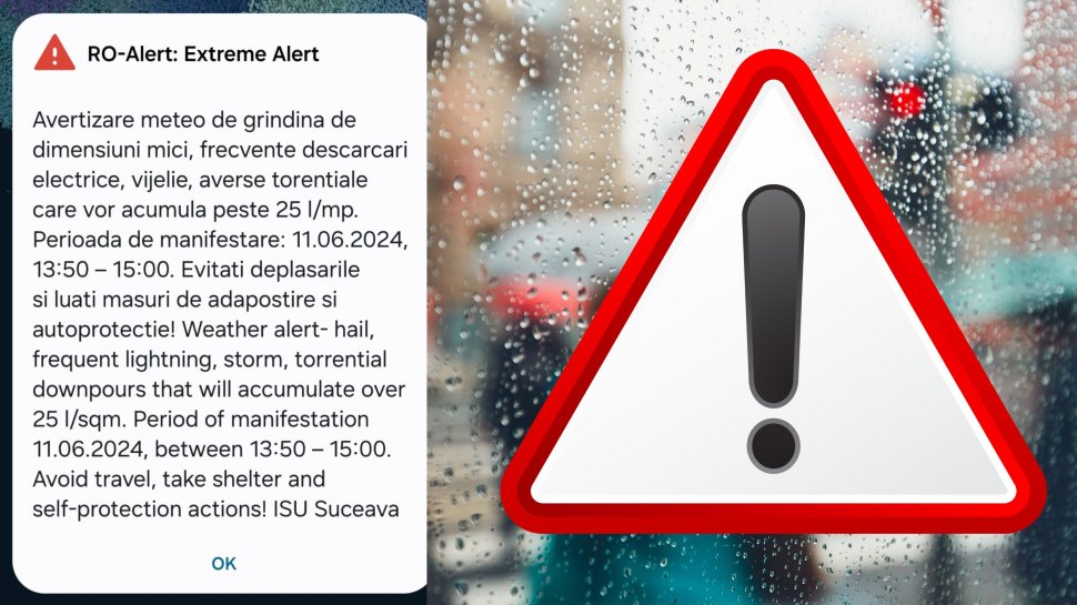 A fost emis un mesaj Ro-Alert privind avertizări meteo de grindină, descărcări electrice și vijelii