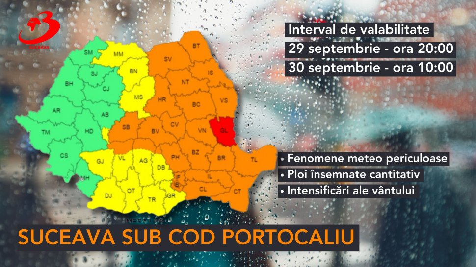 Județul Suceava intră sub cod portocaliu de fenomene meteo periculoase