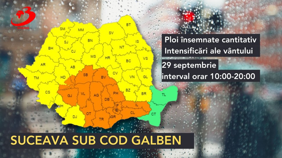 Suceava sub atenționare meteorologică; cod galben de ploi și intensificări ale vântului 