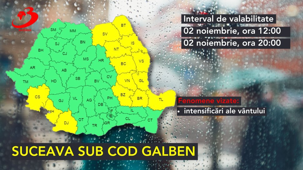 Județul Suceava sub cod galben de intensificări ale vântului 