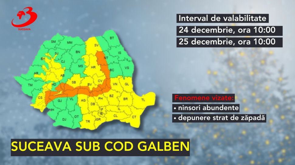 Ninsori abundente în ajun de Crăciun; județele Suceava și Neamț sub avertizare meteorologică