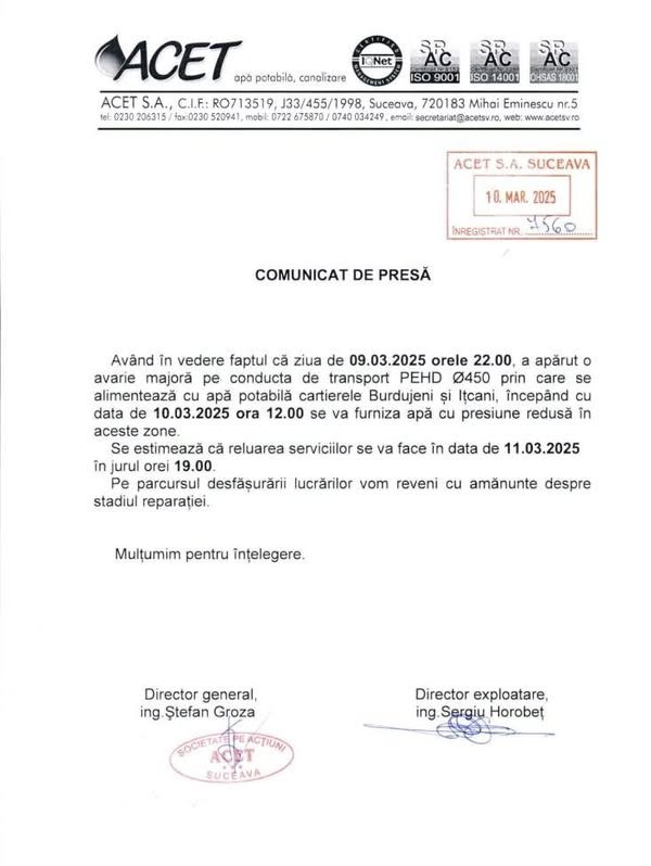 Avarie la magistrala de apă potabilă care alimentează cartierele Burdujeni si Ițcani. Presiune redusă la robinete 9058