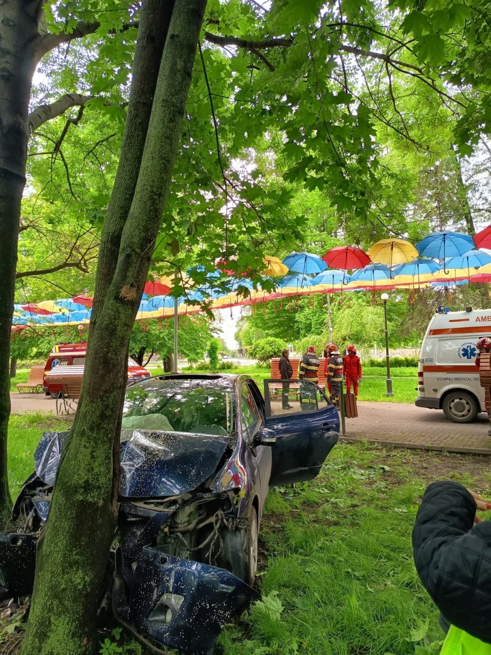O mașină scăpată de sub control s-a oprit într-un copac din parc, la Rădăuți 10527