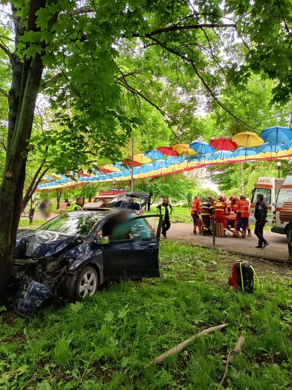 O mașină scăpată de sub control s-a oprit într-un copac din parc, la Rădăuți 10529