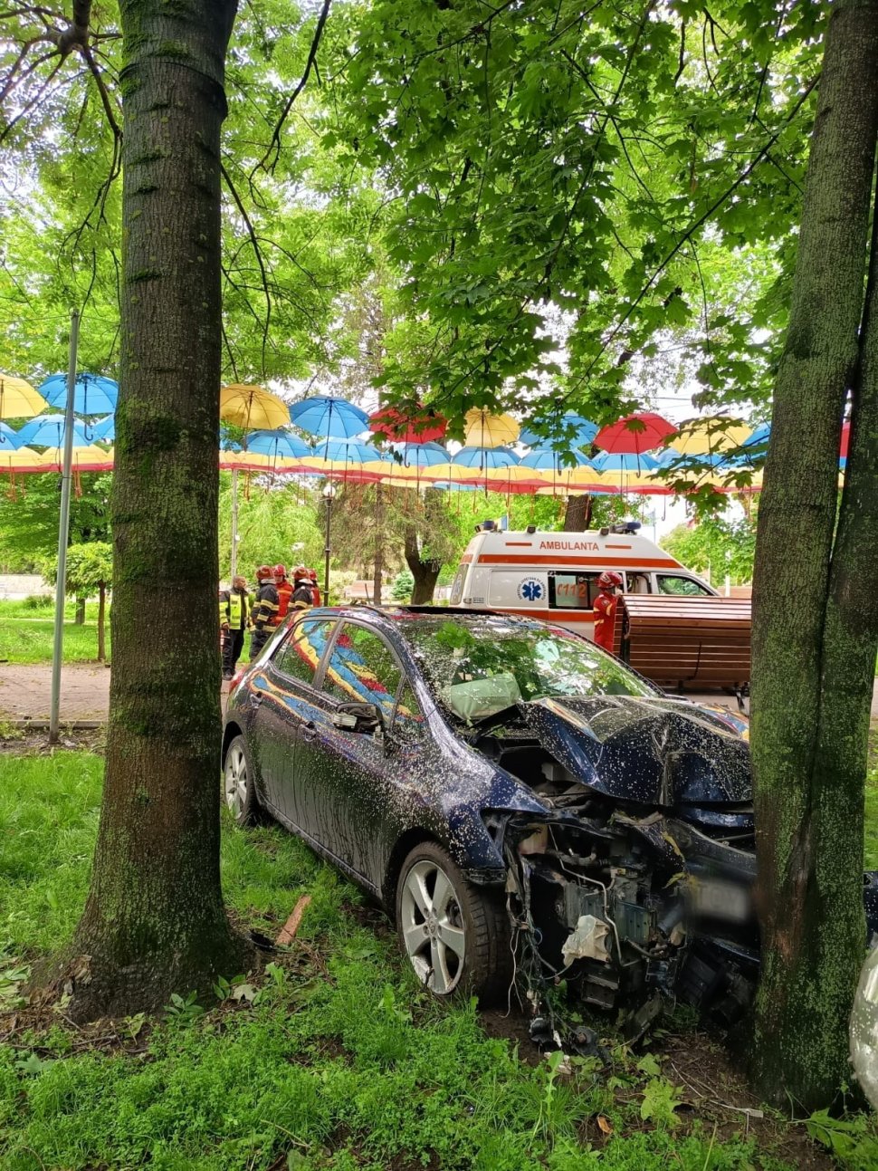O mașină scăpată de sub control s-a oprit într-un copac din parc, la Rădăuți 10530