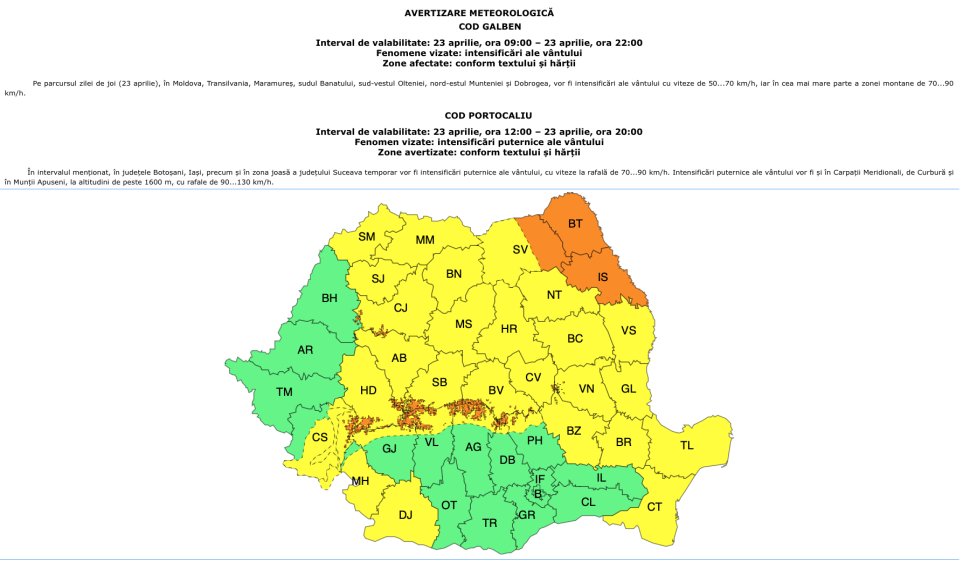 Județul Suceava are alertă dublă de vânt puternic pentru joi